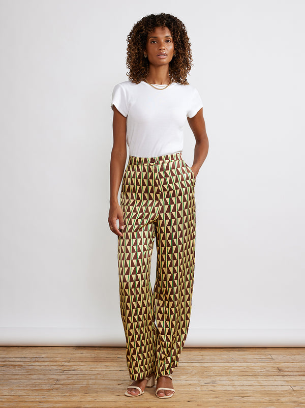 Phoenix Chocolate Tile Print Satin Trousers by KITRI Studio