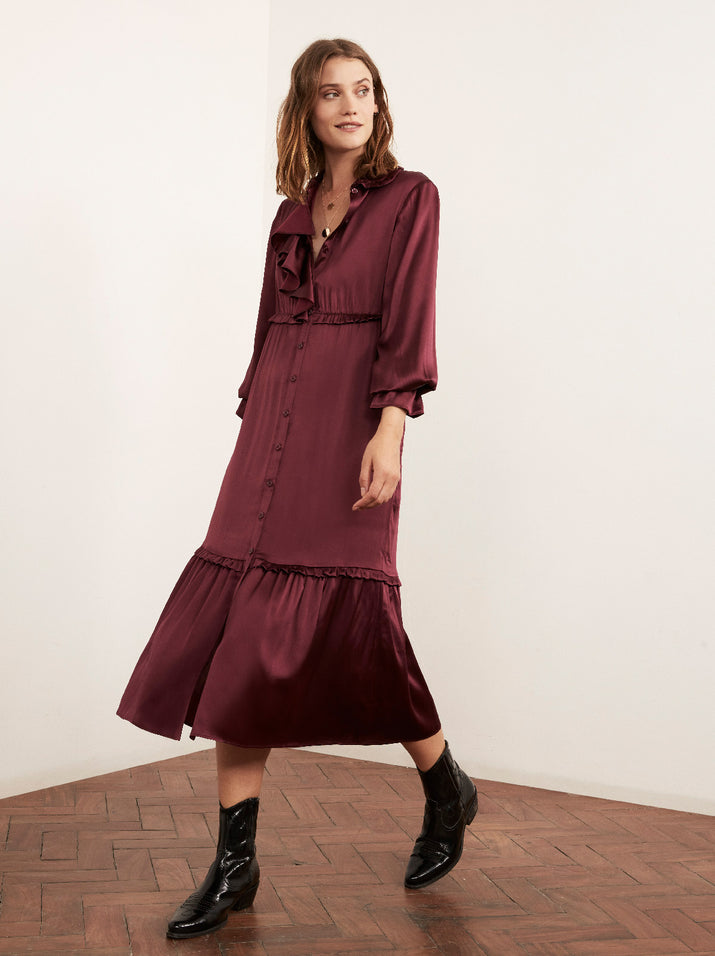 Romily Burgundy Silk Blend Frill Front Midi Dress by KITRI Studio