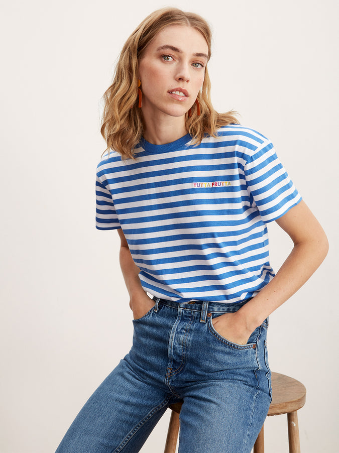 Tutta Frutta Blue Striped Cotton Short Sleeve T-shirt by KITRI Studio