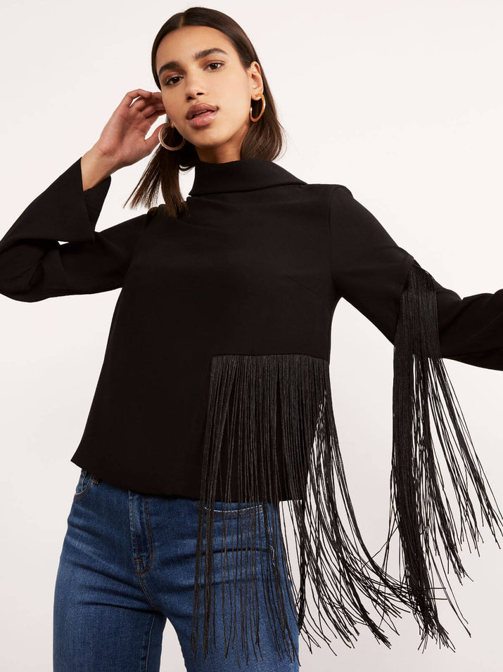 Viviana Black Long Sleeve Tassel Top by KITRI Studio
