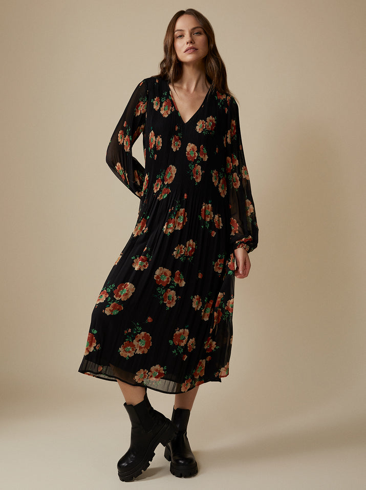Willow Black Floral Pleated Dress by KITRI Studio