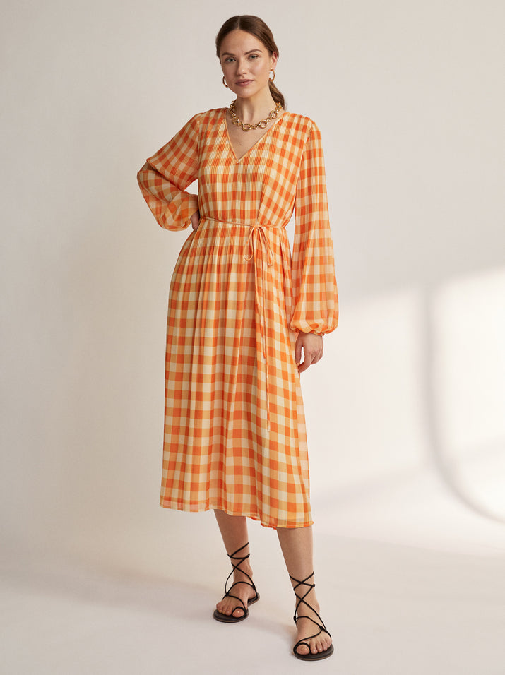 Willow Orange Gingham Pleated Dress by KITRI Studio