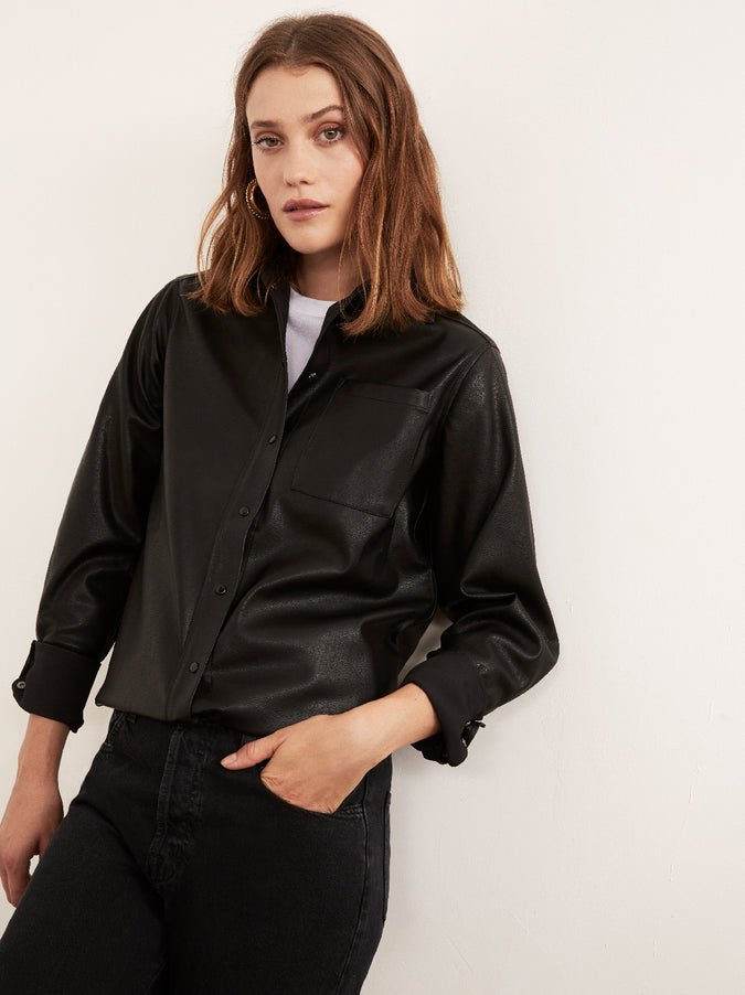 Willow Black Faux-Leather PU Shirt Jacket by KITRI Studio